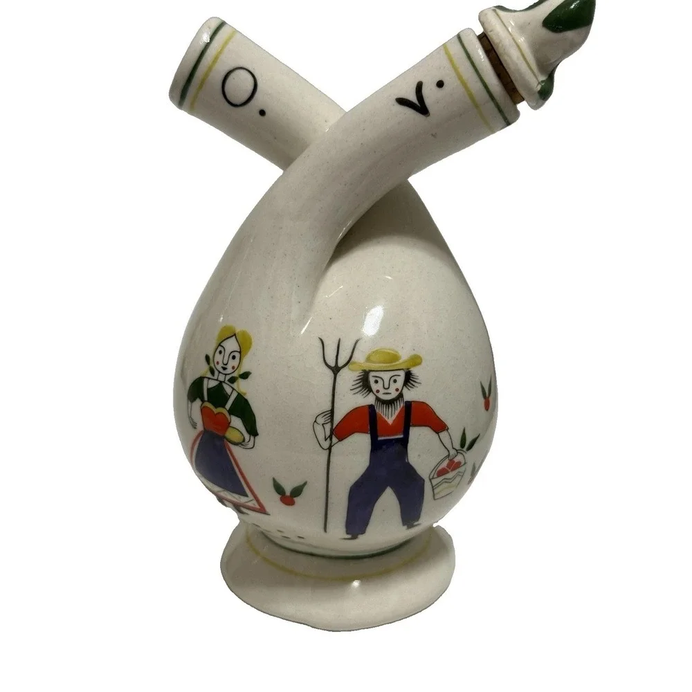 VTG Japan Double Oil & Vinegar Cruet Amish  Folk Art Ceramic Bottle 1 Stopper